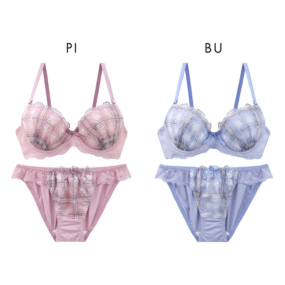 エレガント チェックレース ソフトワイヤー ブラセット ABCDEF 大きいサイズ グラマー ブラジャー ショーツ セット 谷間 Elegante
