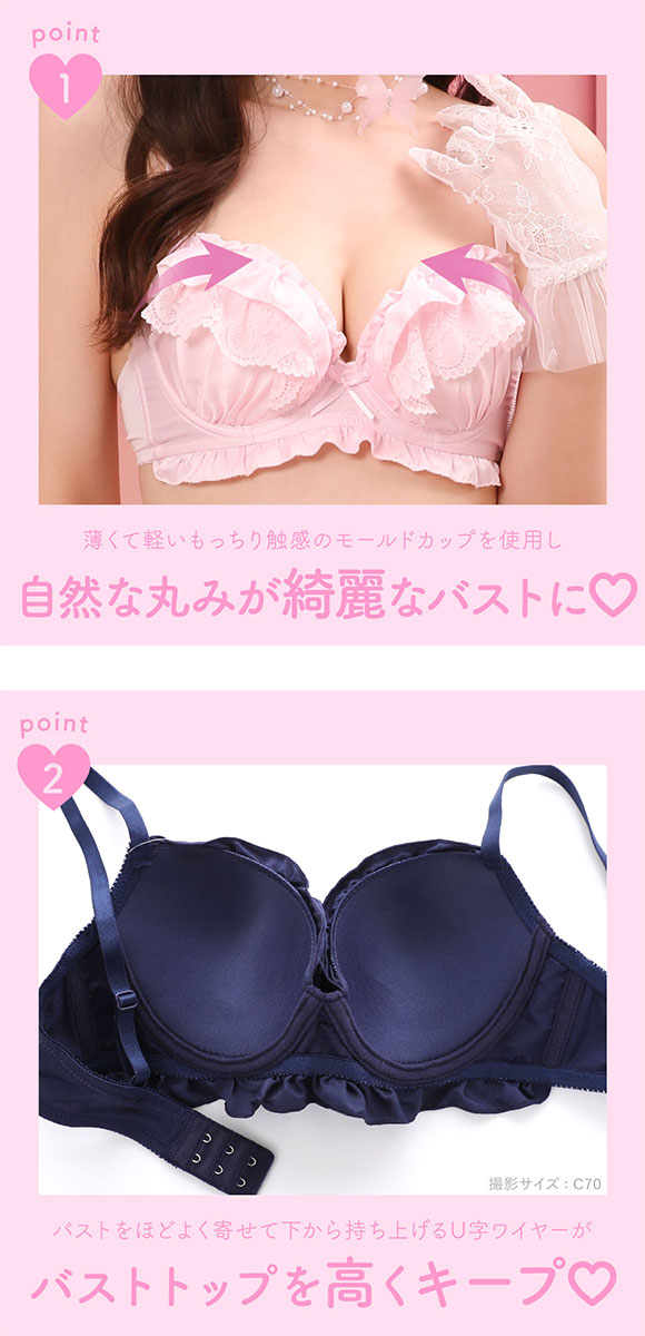 パンキュート ロマンティックフリル ブラセット ABCDEF 大きいサイズ グラマー 下厚パッド 盛り胸 寄せ上げ 谷間 ブラジャー ショーツ セット 脇寄せ Elegante