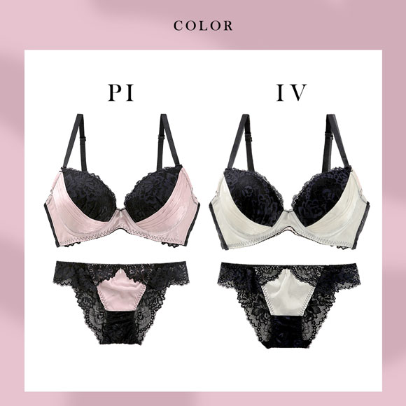 エレガント 脇肉を谷間に変える脇高ブラ サテンジャガードレース ブラセット CDEF80-95 ブラジャー ショーツ セット 脇寄せ Elegante