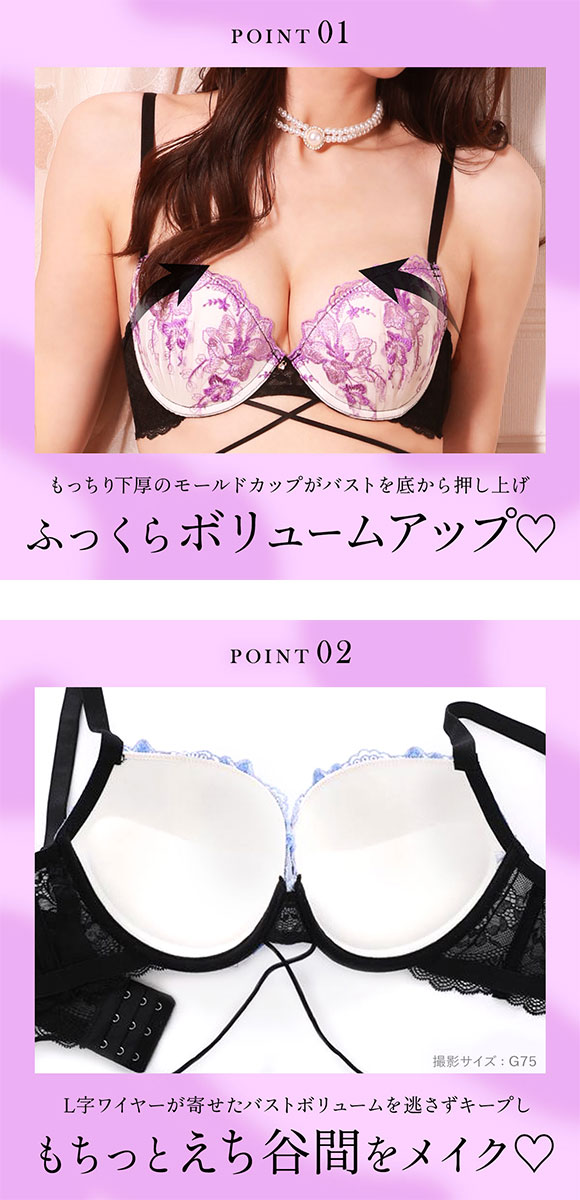 エレガント 脇肉を谷間に変える脇高ブラ クロスストリング ブラセット GHI65-95 大きいサイズ グラマー 盛り 谷間 ブラジャー ショーツ セット 脇寄せ Elegante