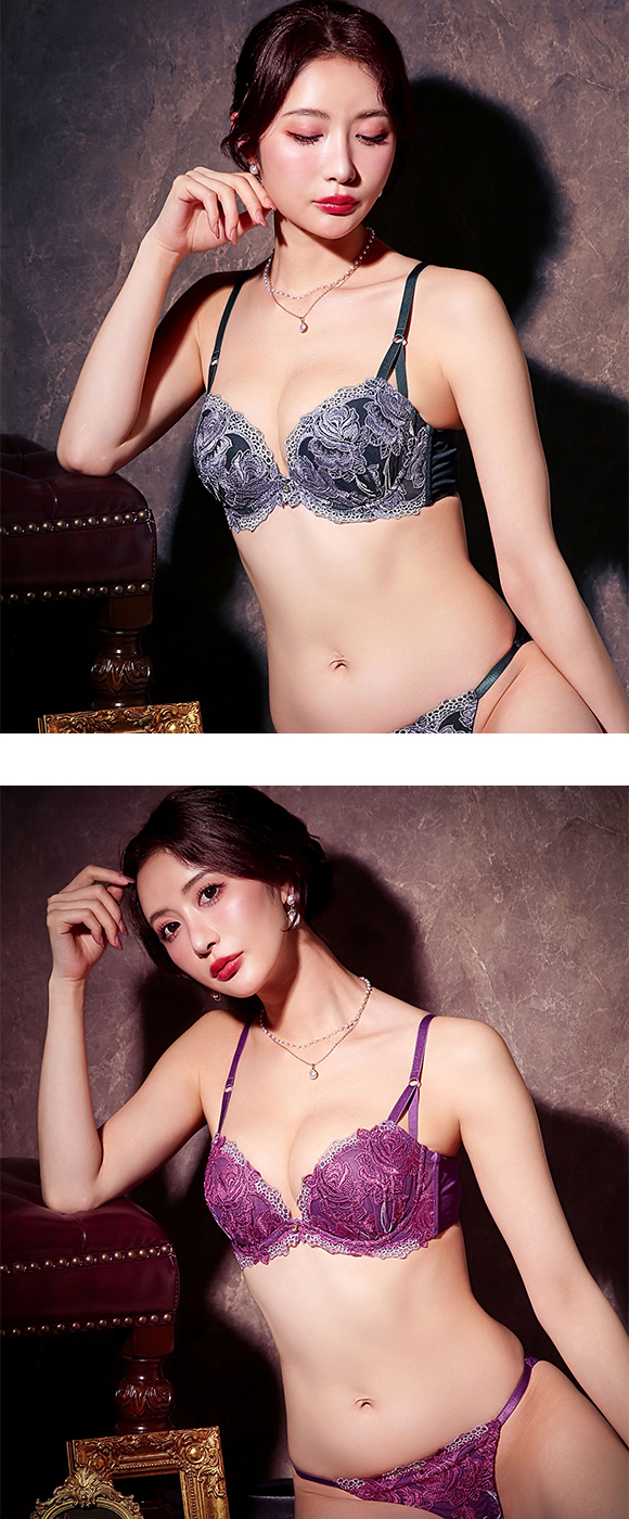 エレガント ラグジュアリーローズ ブラセット GHI65-95 大きいサイズ グラマー 脇高 谷間 寄せ 盛り胸 花柄刺繍 ブラジャー ショーツ セット Elegante