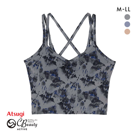 アツギ ATSUGI クリアビューティアクティブ 背中クロス ヨガブラ ボタニカルニュアンス柄 カップ付きインナー ハーフトップ ノンワイヤー
