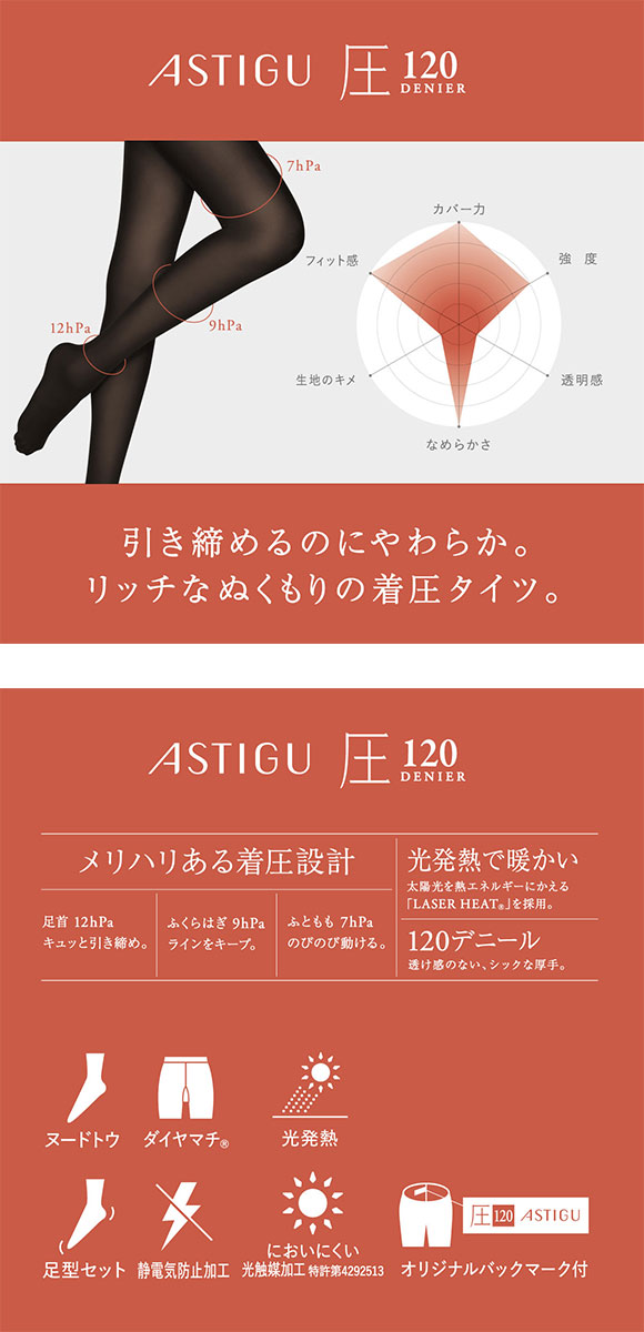 アツギ ATSUGI アスティーグ ASTIGU 圧 引き締める タイツ 120デニール 光発熱
