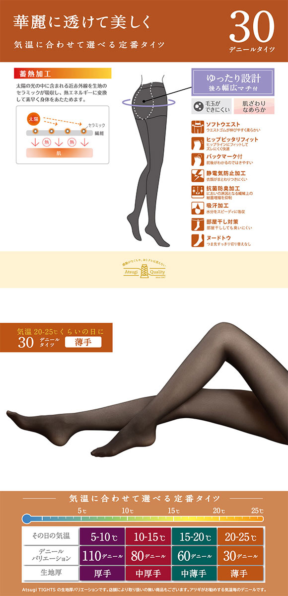 アツギタイツ 30デニール JJサイズ 2足組 タイツ レディース ATSUGI