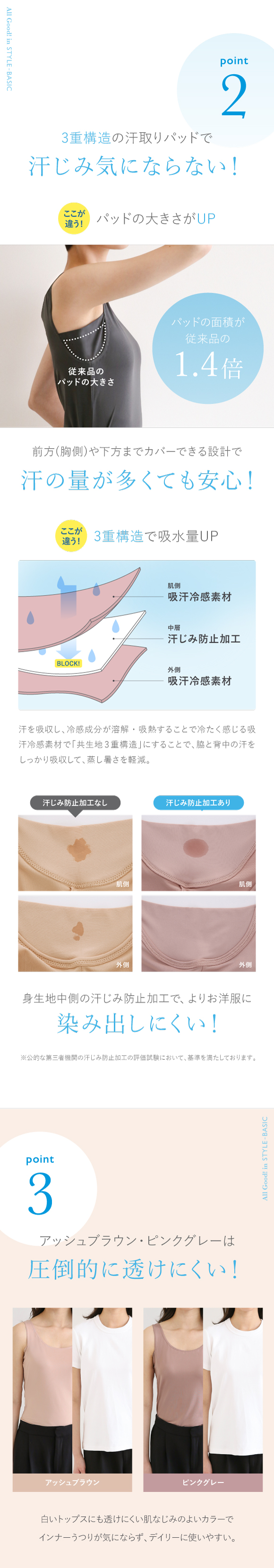 アツギ タンクトップ 脇汗 汗じみ防止 透けない STYLE BASIC ice doll×SHIROHATO コラボ レディース ATSUGI 汗取りインナー インナー