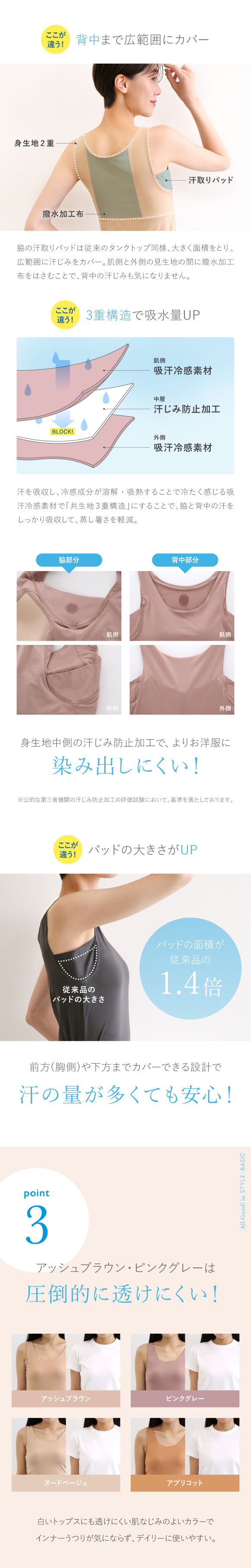 アツギ ブラトップ タンクトップ 透けない 脇汗 汗じみ防止 カップ付き STYLE BASIC 別注 SHIROHATO コラボ レディース ATSUGI 汗取りインナー インナー