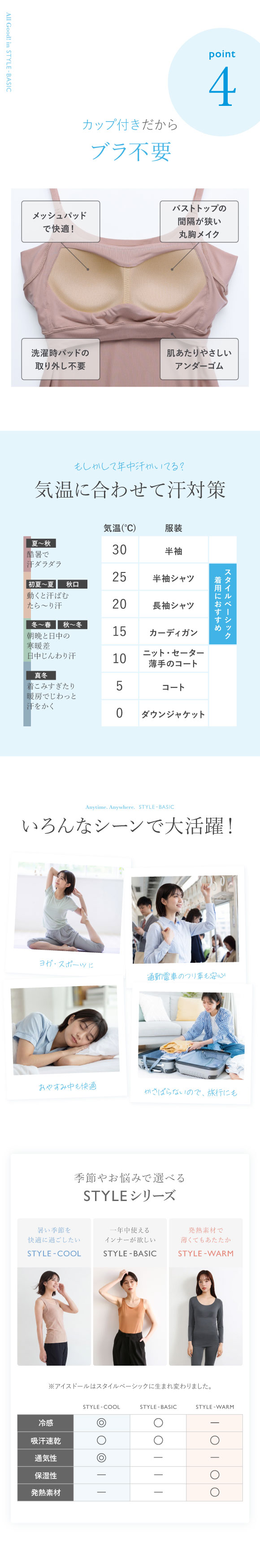 アツギ ブラトップ キャミソール 透けない 脇汗 汗じみ防止 カップ付き STYLE BASIC スタイルベーシック レディース ATSUGI 汗取りインナー インナー