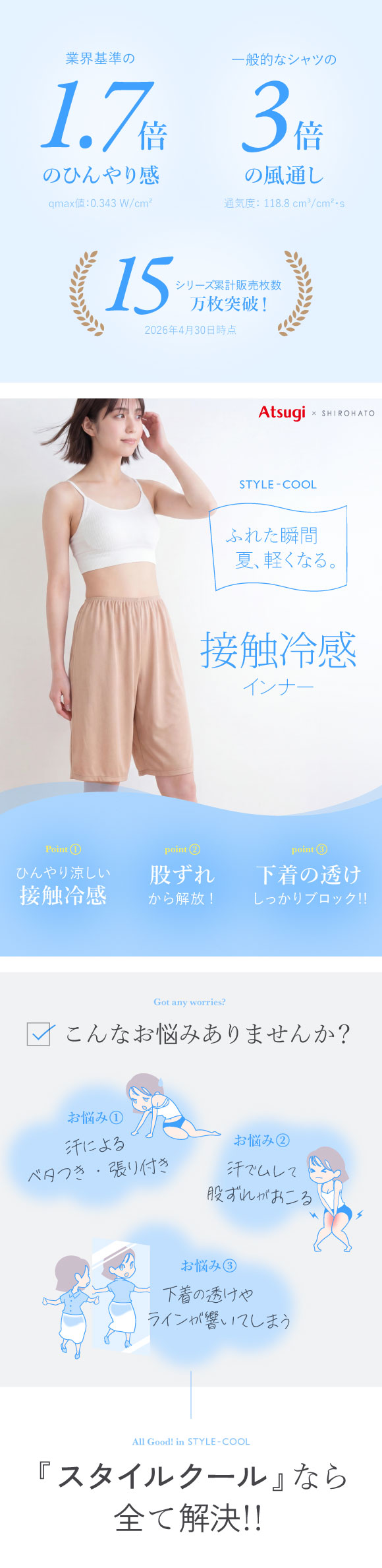 アツギ STYLE COOL 透けにくい タップパンツ 50cm丈ペチパンツ 接触冷感 メッシュ素材