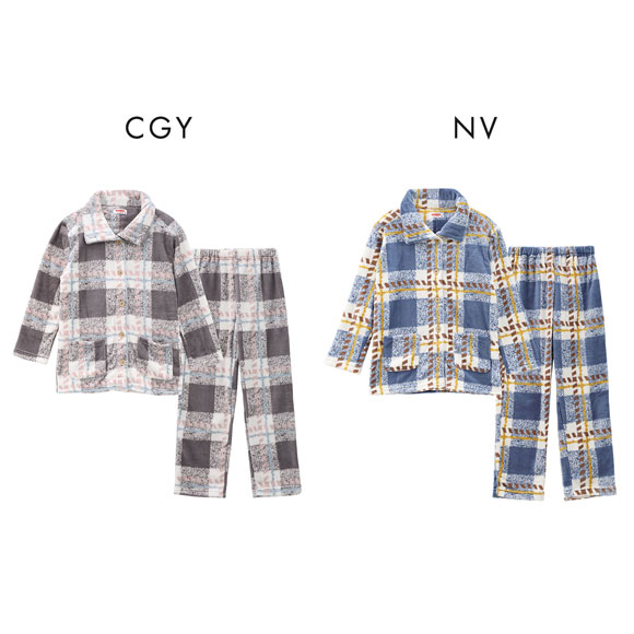 着るホカロン レディース ルームウェア パジャマ ミンクフリース チェック柄 肩キルト 衿2WAY 長袖 上下セット M L