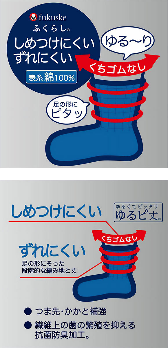 福助 ふくらし くちゴムなし クルー丈 ソックス メンズ 靴下 抗菌防臭 fukuske 24-26cm 26-28cm