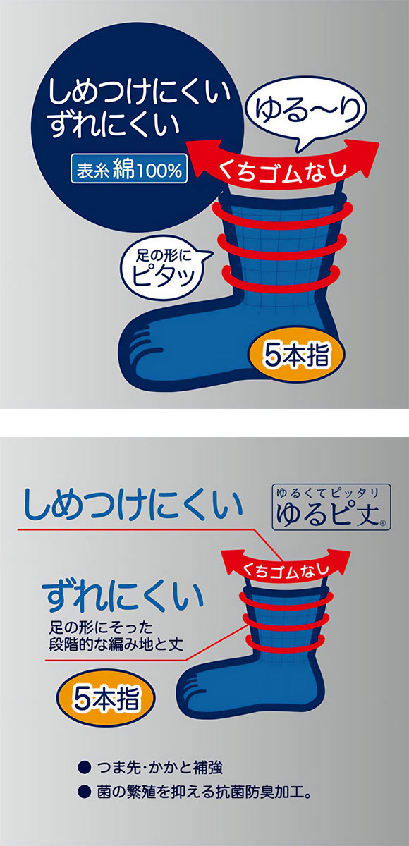 福助 ふくらし くちゴムなし 5本指 クルー丈 ソックス メンズ 靴下 抗菌防臭 fukuske 24-26cm 26-28cm