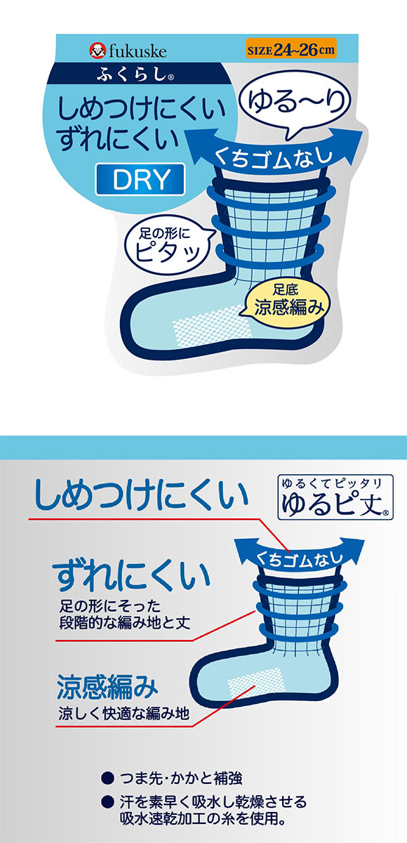 福助 ふくらし くちゴムなし 鹿の子編み クルー丈 ソックス メンズ 靴下 吸水速乾 fukuske 24-26cm