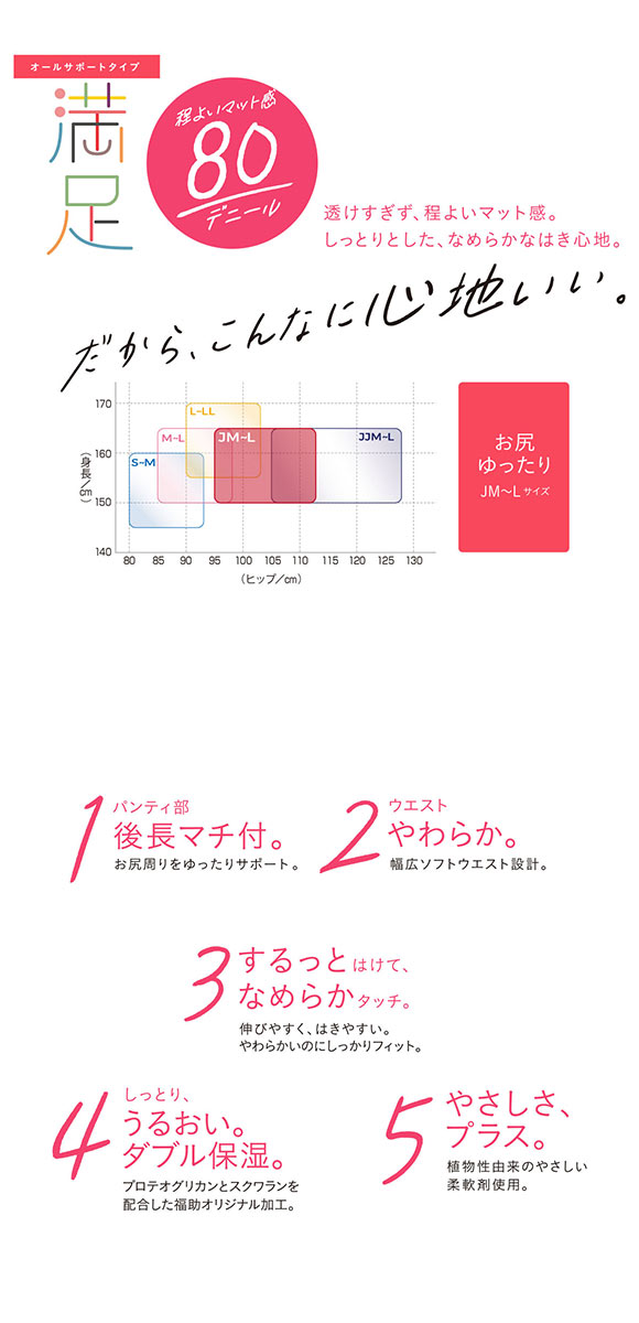 福助 満足 しっとりダブル保湿 80デニール タイツ JMLサイズ レディース 日本製 fukuske
