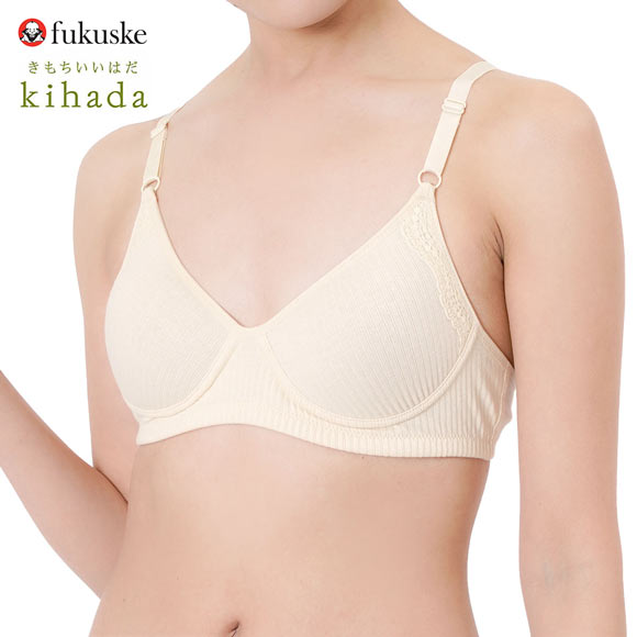 福助 kihada コットン100％ モールドカップ ノンワイヤー ブラジャー レディース ワイヤレスブラ fukuske キハダ