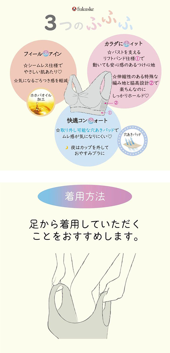 福助 fukuske ふふふなここち ハーフトップ レディース ノンワイヤー ブラジャー ワイヤレス