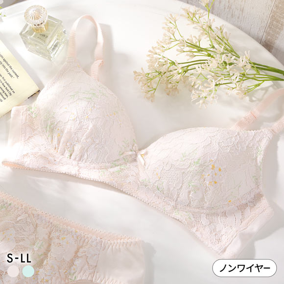 カジュアルフィーリング レース+フラワープリント ノンワイヤーブラ レディース リラクシング ワイヤレスブラ 単品 Casual Feeling