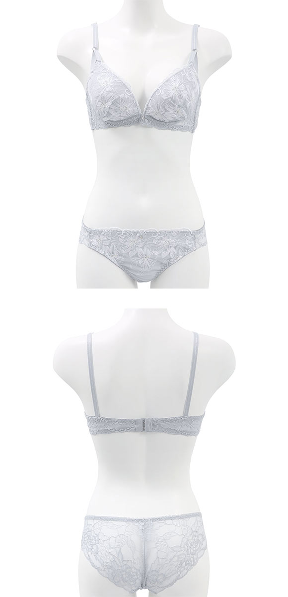 ピュアシェリ ノンワイヤー ブラジャー ショーツ セット ラメ入花柄チュール バックレース PURECHERIE