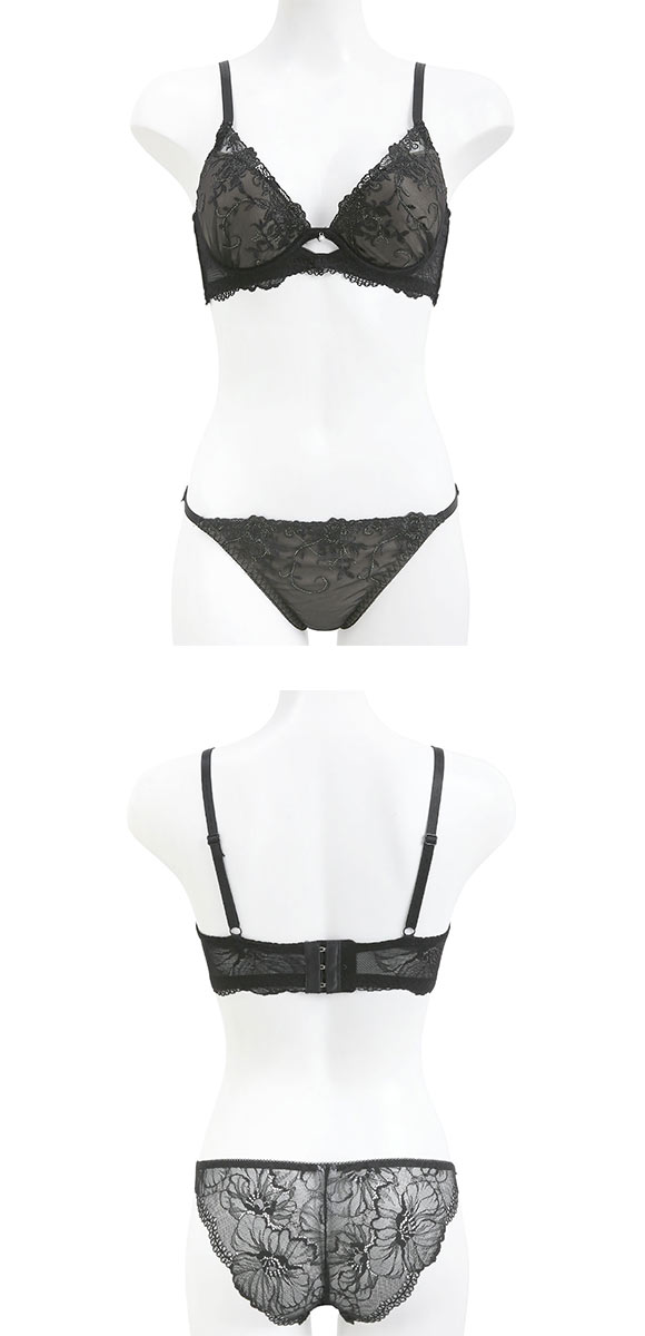 ピュアシェリ ブラジャー ショーツ セット 脇高ラメ入花柄チュール バックレース PURECHERIE