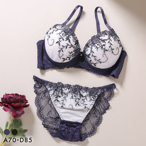 エクラ 脇高 ラメ入花柄チュール ブラジャー ショーツ セット バックレース ECLAT