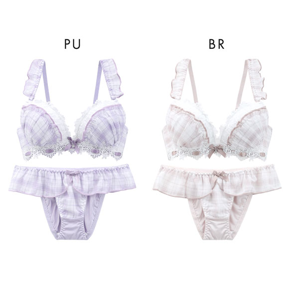 ピュアシェリ チェックシフォン×リボン通し ブラセット ABCD ブラジャー ショーツ セット PURECHERIE