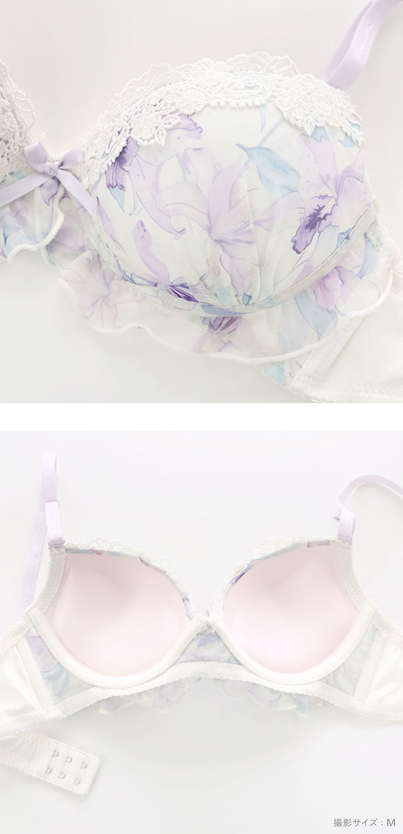 ピュアシェリ プリントシフォンフリル ノンワイヤー ブラセット M L LL ブラジャー ショーツ セット PURECHERIE