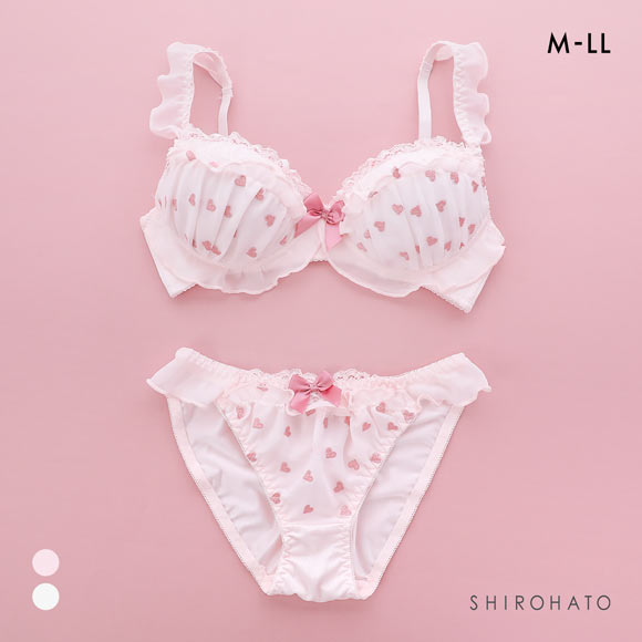 ピュアシェリ ハート刺繍シフォン ノンワイヤー ブラセット M L LLブラジャー ショーツ セット  極厚パッド 楽ちん 盛り PURECHERIE