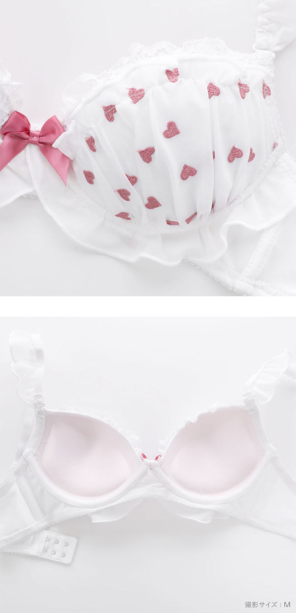 ピュアシェリ ハート刺繍シフォン ノンワイヤー ブラセット M L LLブラジャー ショーツ セット  極厚パッド 楽ちん 盛り PURECHERIE