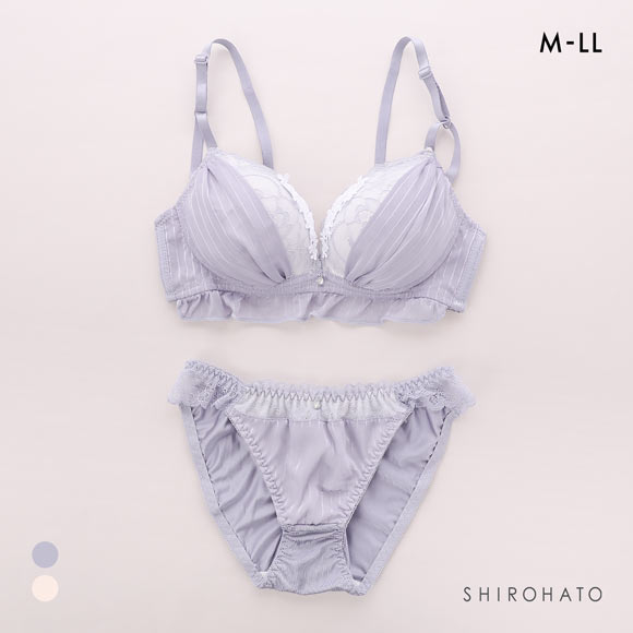 ピュアシェリ ストライプシフォン ノンワイヤー ブラセット M L LLブラジャー ショーツ 大きいサイズ 谷間 脇寄せ 盛り PURECHERIE