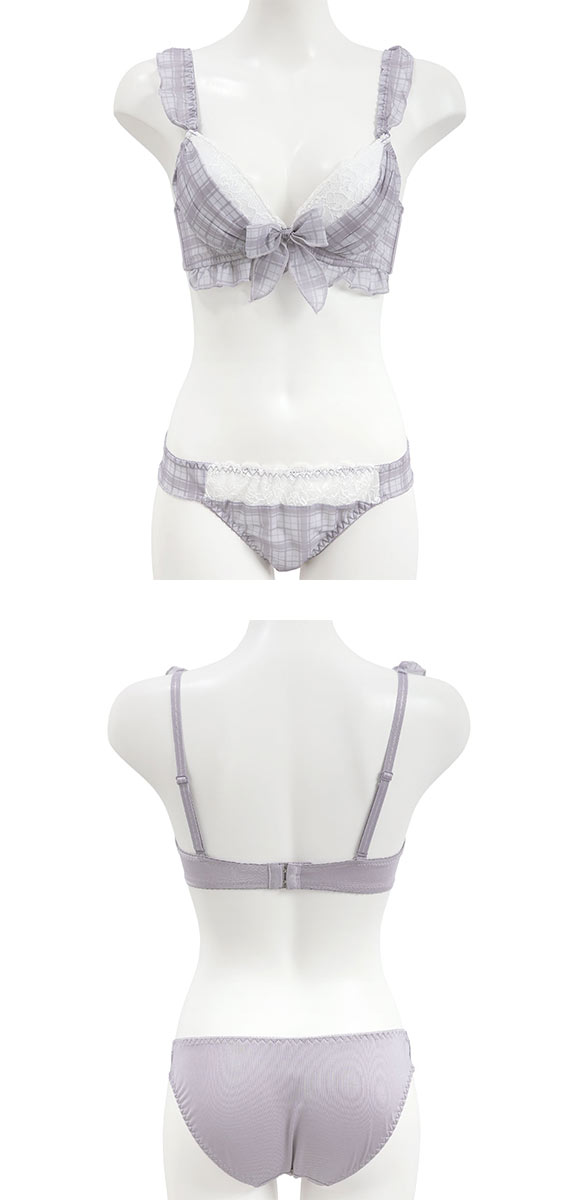 ピュアシェリ チェック柄シフォンフリル ブラセット ABCD ラジャー ショーツ セット 大きいサイズ 盛り 谷間 L字 脇寄せ PURECHERIE