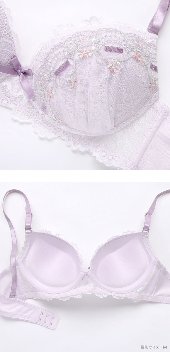 ピュアシェリ リボン通し風レース ノンワイヤー ブラセット M L LL ブラジャー ショーツ セット ワイヤレス PURECHERIE