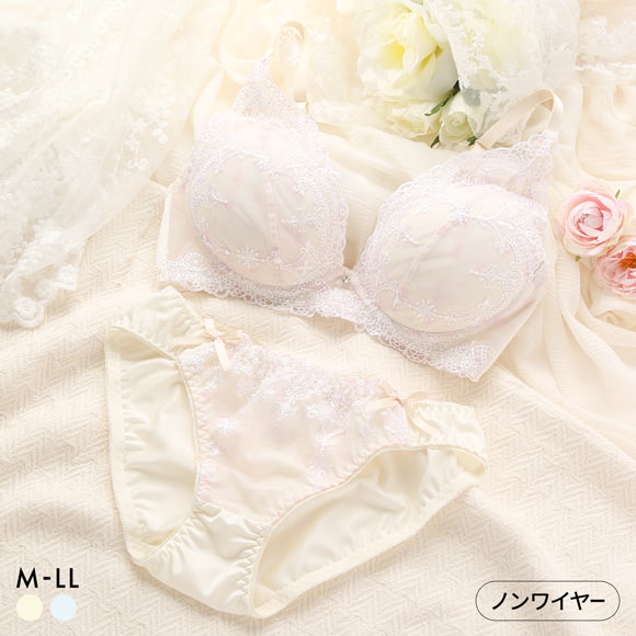 ピュアシェリ チュールレース×花柄プリント ノンワイヤー ブラセット M L LL ブラジャー ショーツ セット ワイヤレス PURECHERIE