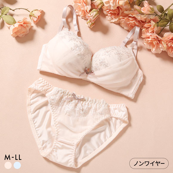 ピュアシェリ ラメ入りチュール×ハーフ ノンワイヤー ブラセット M L LL ブラジャー ショーツ セット ワイヤレス PURECHERIE