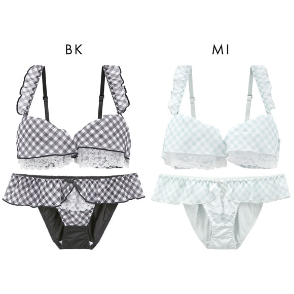 ピュアシェリ ギンガムチェックシフォンフリル ブラセット ABCD 盛り 谷間 ブラジャー ショーツ セット PURECHERIE