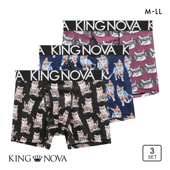 キングノバ ボクサーパンツ メンズ 前あき ねこ柄 三枚組 3P 3点セット KING NOVA