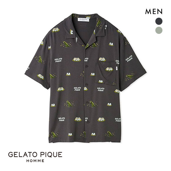 ジェラートピケ オム メンズ ダイナソー＆エッグ総柄シャツ ジェラピケ パジャマ ルームウェア gelato pique HOMME