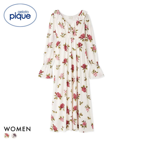 ジェラートピケ レディース ヴィンテージローズ柄ワンピース ドレス カップ付き カップイン ジェラピケ ルームウェア gelato pique