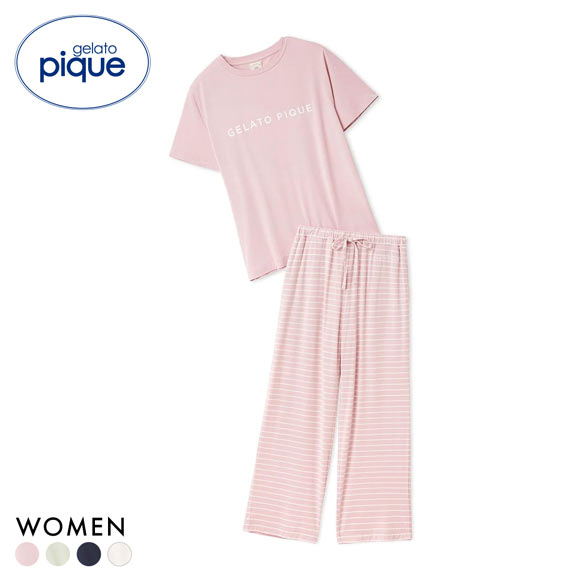 ジェラートピケ レディース レーヨンロゴTシャツ＆ボーダーロングパンツセット 上下セット ジェラピケ ルームウェア gelato pique