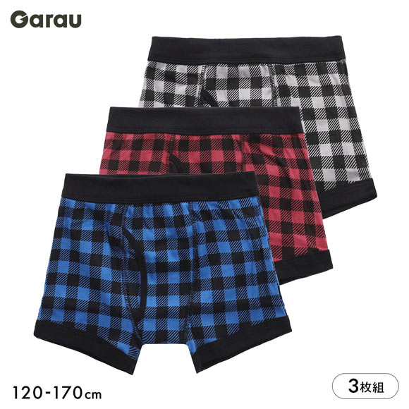 ガロー Garau ボクサーパンツ キッズ ジュニア 男の子 綿100％ 前開き 3枚セット チェック 120 130 140 150 160 170