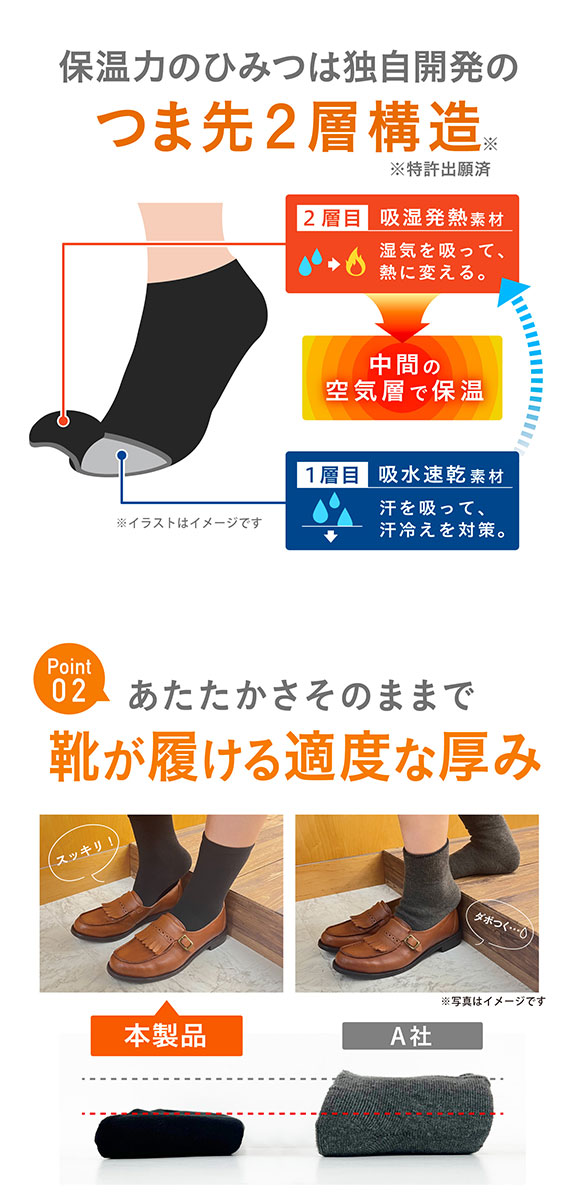 ココピタ あったか実感 ハーフ丈 靴下 つま先が厚い あったかソックス 冷え対策 つま先二重 吸湿発熱 保温 レディース 通勤 通学