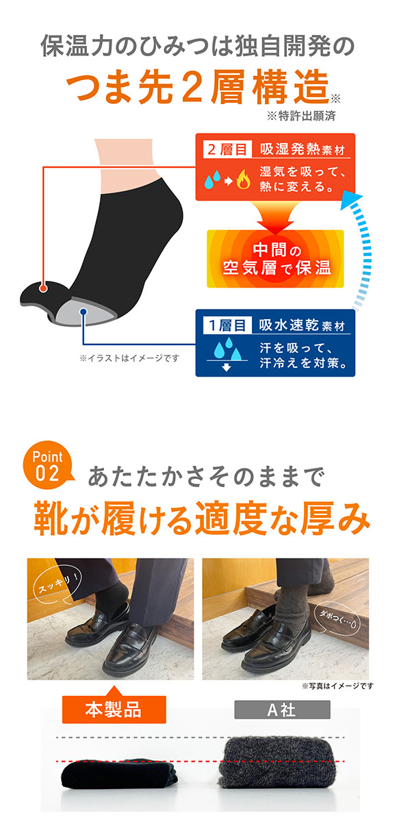 ココピタ あったか実感 レギュラー短め丈 靴下 つま先が厚い あったかソックス 冷え対策 つま先二重 吸湿発熱 保温 メンズ 通勤 通学