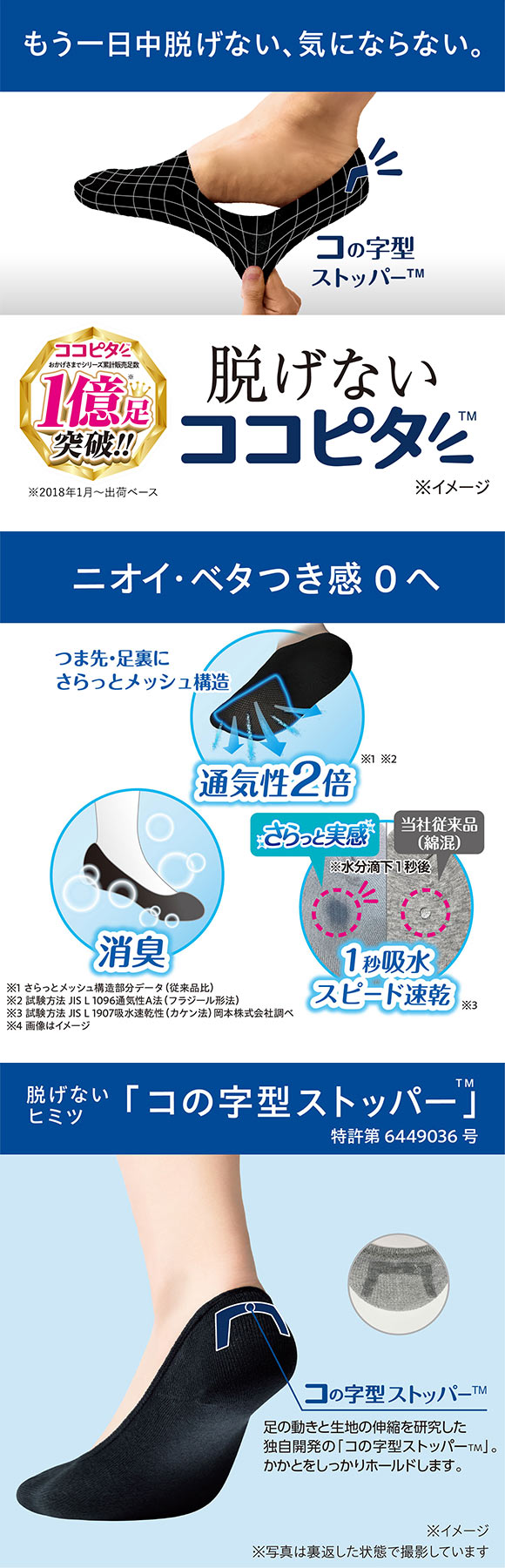 脱げないココピタプラス さらっと実感 浅履き 3足組 フットカバー 消臭 メッシュ 吸水 okamoto メンズ 25-27cm 27-29cm