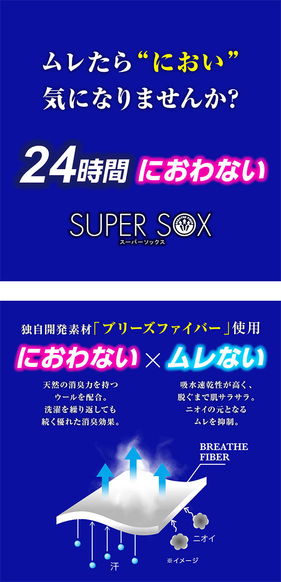 スーパーソックス リブ柄 クルー丈 ムレない におわない 靴下 23-25cm 24-26cm 26-28cm SUPER SOX