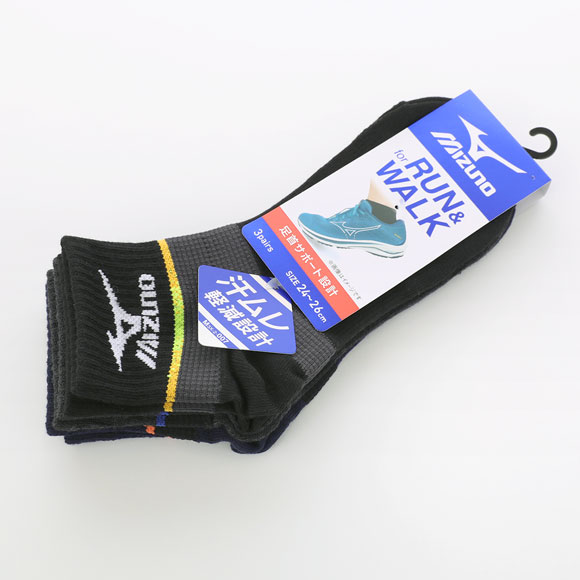 ミズノ RUN&WALK ソックス ショート丈 3足セット サポート 汗ムレ軽減 メンズ スポーツ 靴下 24-26cm 26-28cm MIZUNO