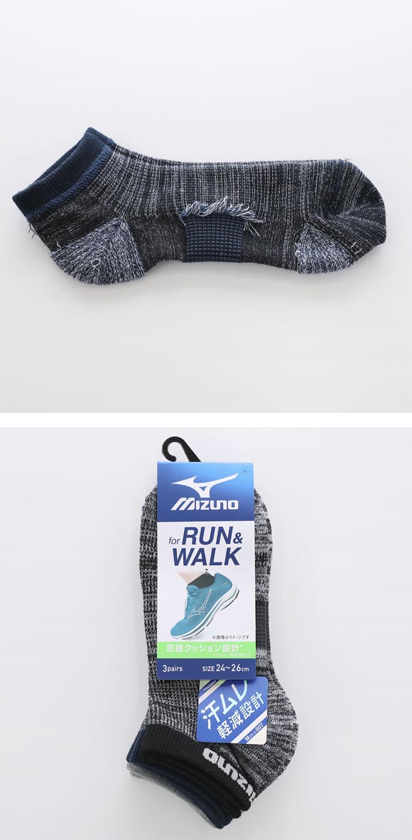 ミズノ RUN＆WALK ソックス スニーカー丈 3足組 甲メッシュ 底パイル サポート スポーツ 24-26cm 26-28cm メンズ 靴下 MIZUNO