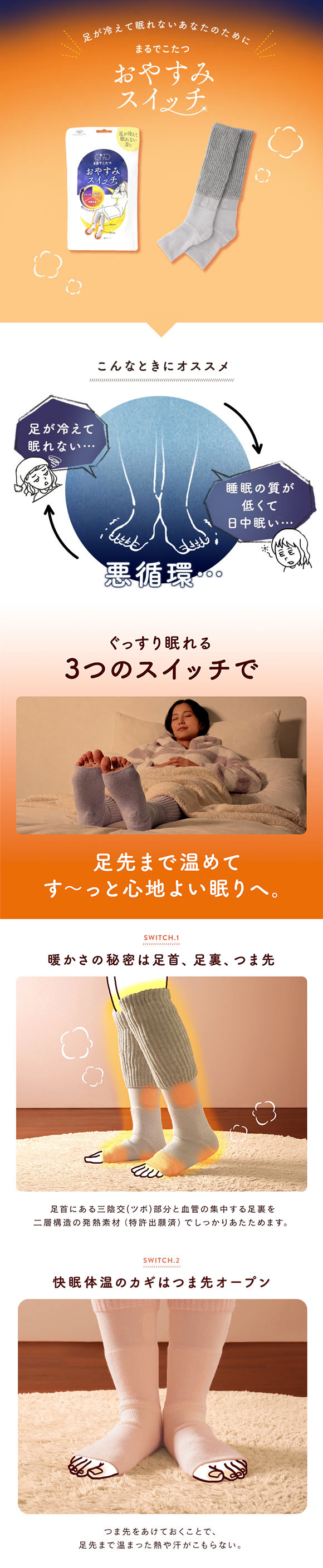 靴下サプリ おやすみスイッチ まるでこたつ 足先カットソックス レディース あったか靴下 ルームソックス レッグウォーマー 22-25cm