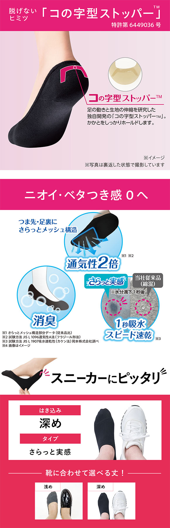脱げないココピタ さらっと実感 深め 深履き フットカバー 消臭 メッシュ 吸水速乾 スニーカー用 ソックス 靴下 21-23cm 23-25cm