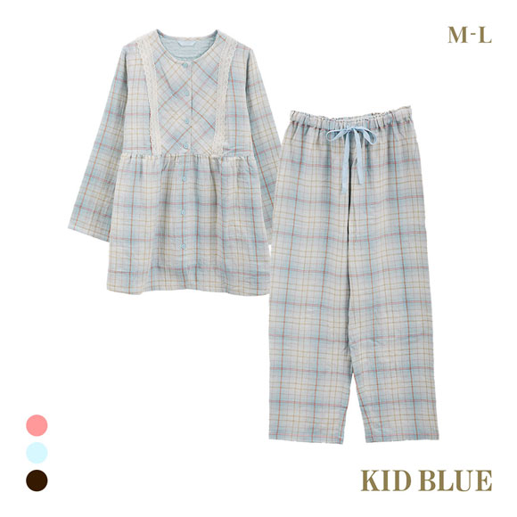 キッドブルー トリプルガーゼオンブレーチェック ルームウェア 長袖 フルレングス 上下セット パジャマ KID BLUE