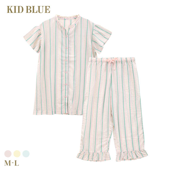 キッドブルー 26CRサッカーストライプ 半袖 8分丈 上下セット パジャマ ルームウェア ナイティ レディース KID BLUE