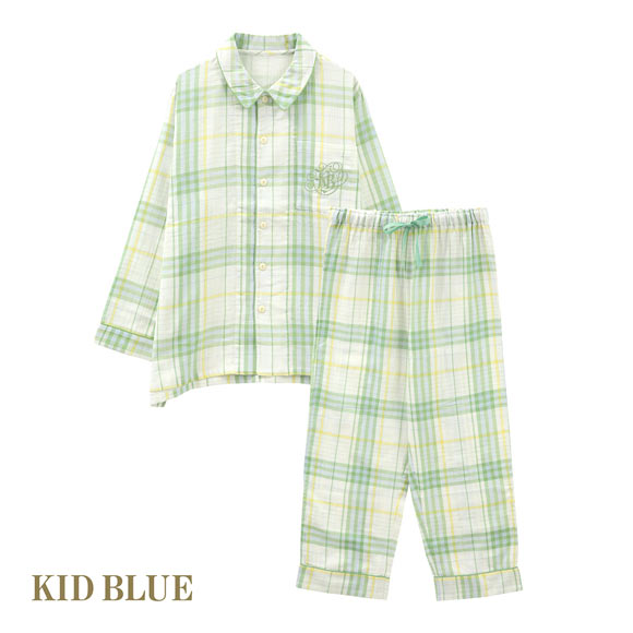 キッドブルー Wガーゼ ライン チェック 長袖 フルレングス 上下セット パジャマ ルームウェア ユニセックス KID BLUE