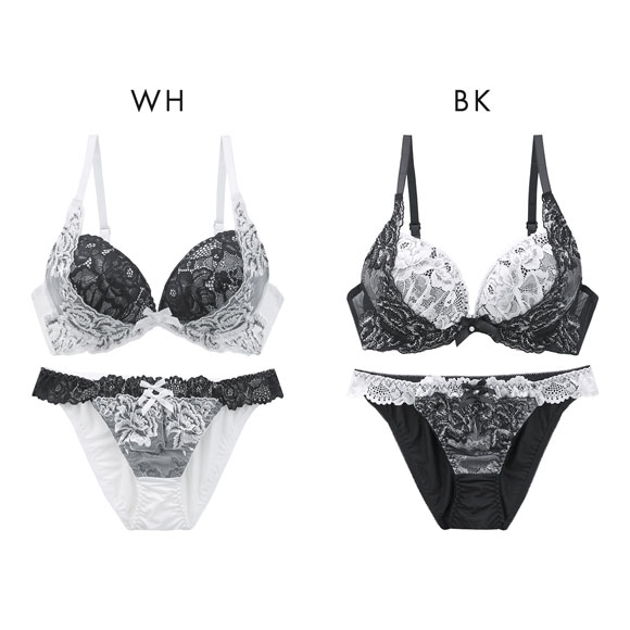 サンエイ 脇高 モノクロフラワーブーケ ブラセット ABCD 盛り 脇肉 はみ肉すっきり 脇寄せ ブラジャー ショーツ セット 美胸 SANEI